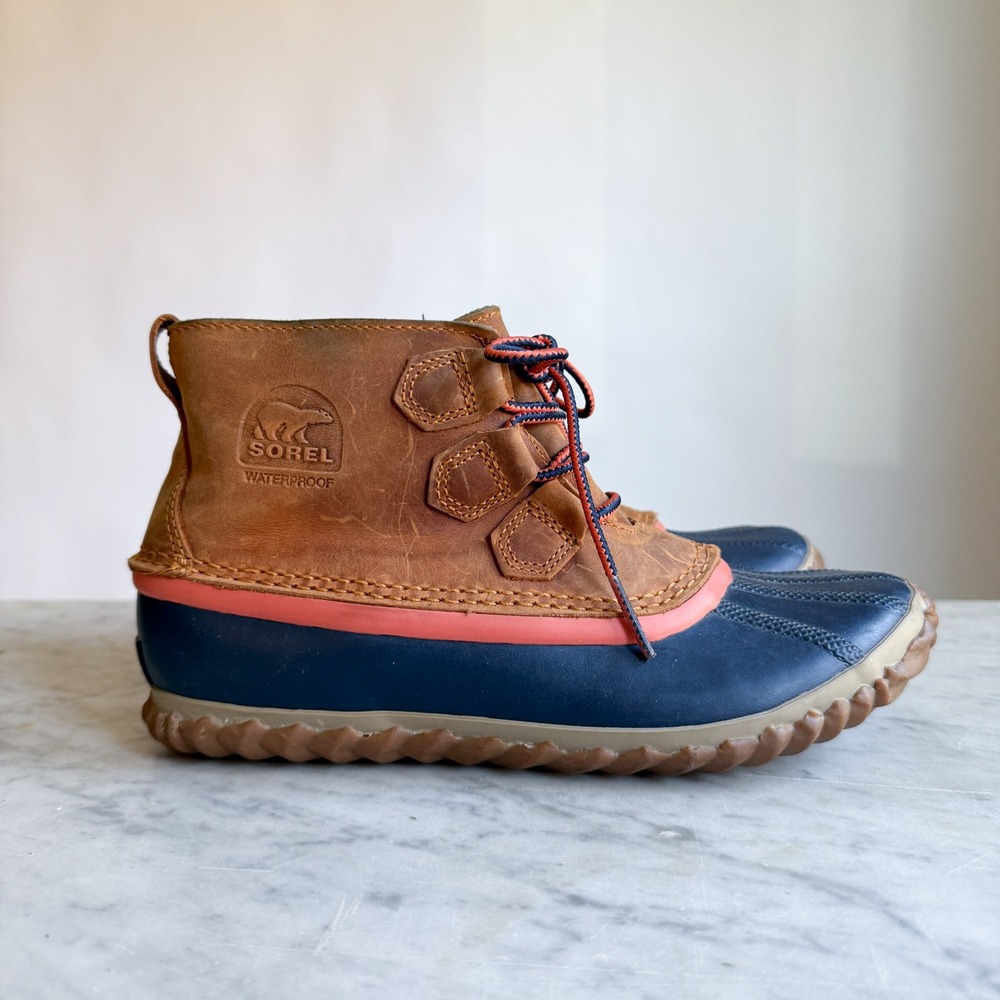 Sorel Out N About Waterproof Duck Boots‎ Tan Navy Coral Leather Ankle Boots 6.5